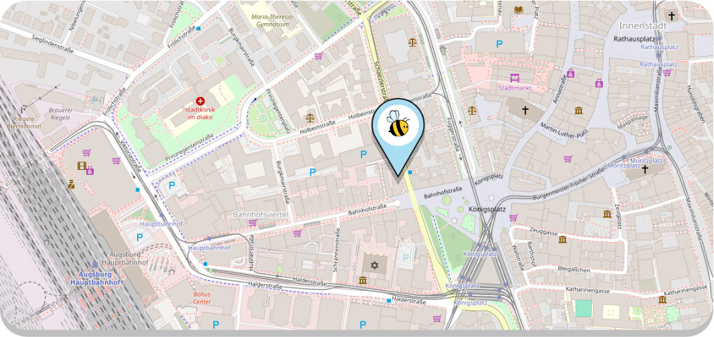 Kartenausschnitt von Openstreet mit Markierung des Praxisstandortes am Königsplatz